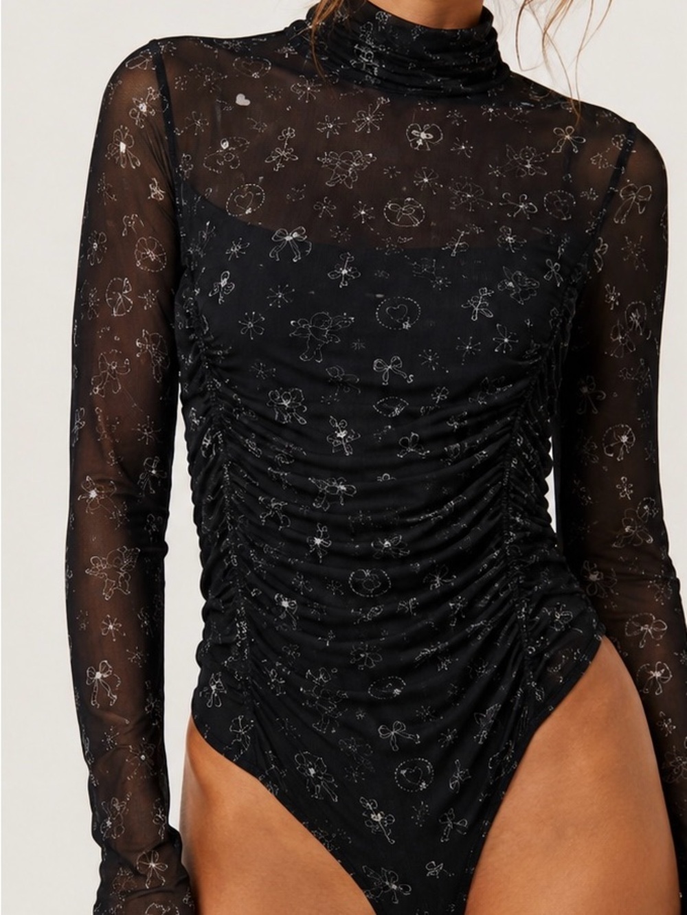 Intimately Free People On My Way Mesh Bodysuit Black Sheer Ruched Long Sleeve